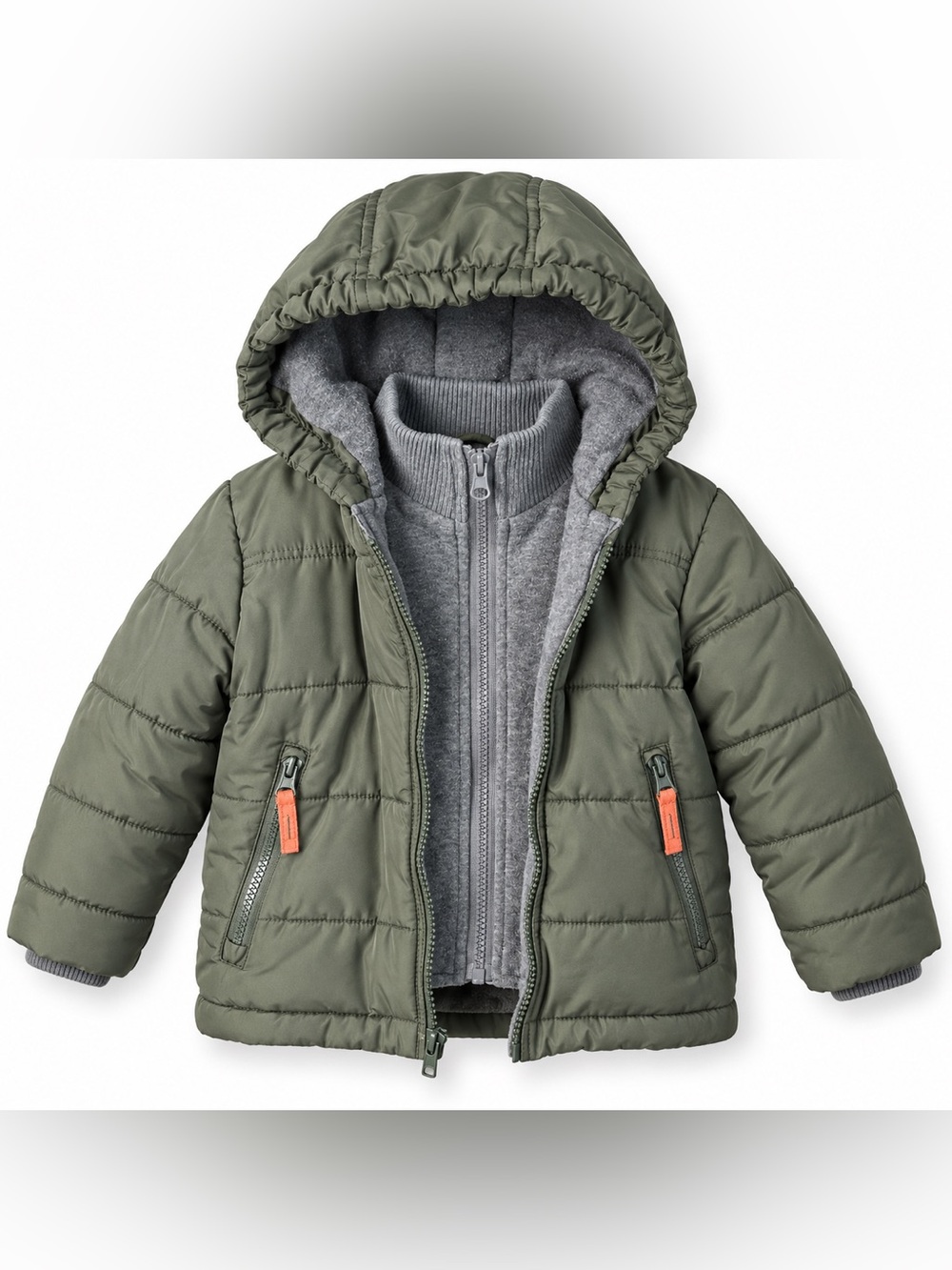 Rothschild Toddler Hooded Puffer Jacket Olive Gray Layered Utility Coat 2T
